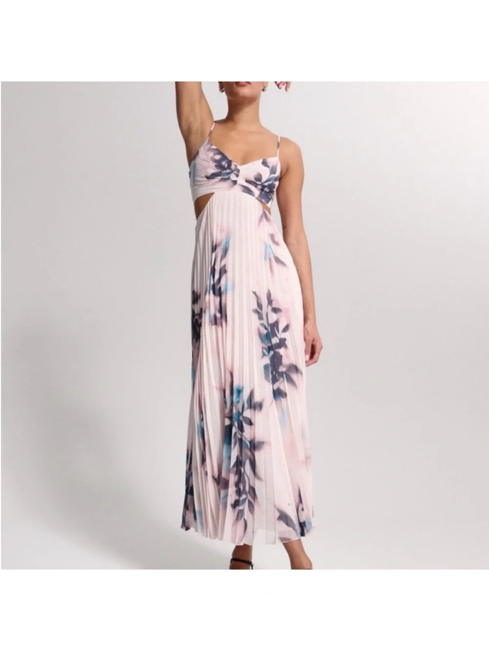 Floral Pleated Maxi Dress in Cream and Blue